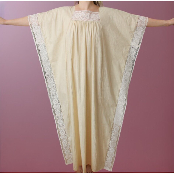 Vintage 60s 70s Maxi Caftan Lace Trim Natural Cotton Dress One Size